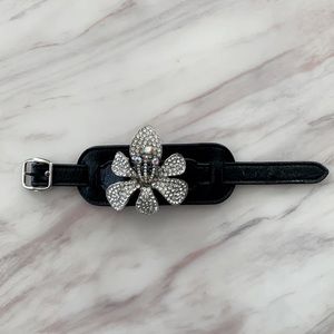 Black Faux leather crystal 3-D flower bracelet